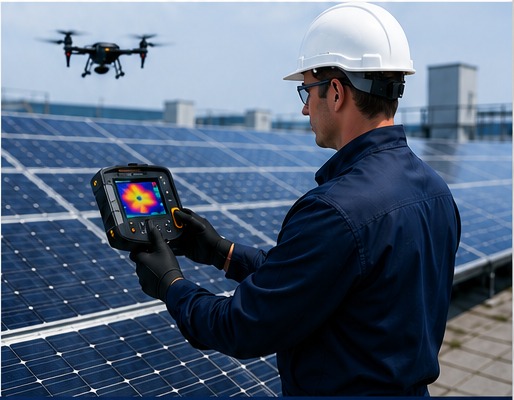 Techniker mit Wärmebildkamera auf einer Solaranlage